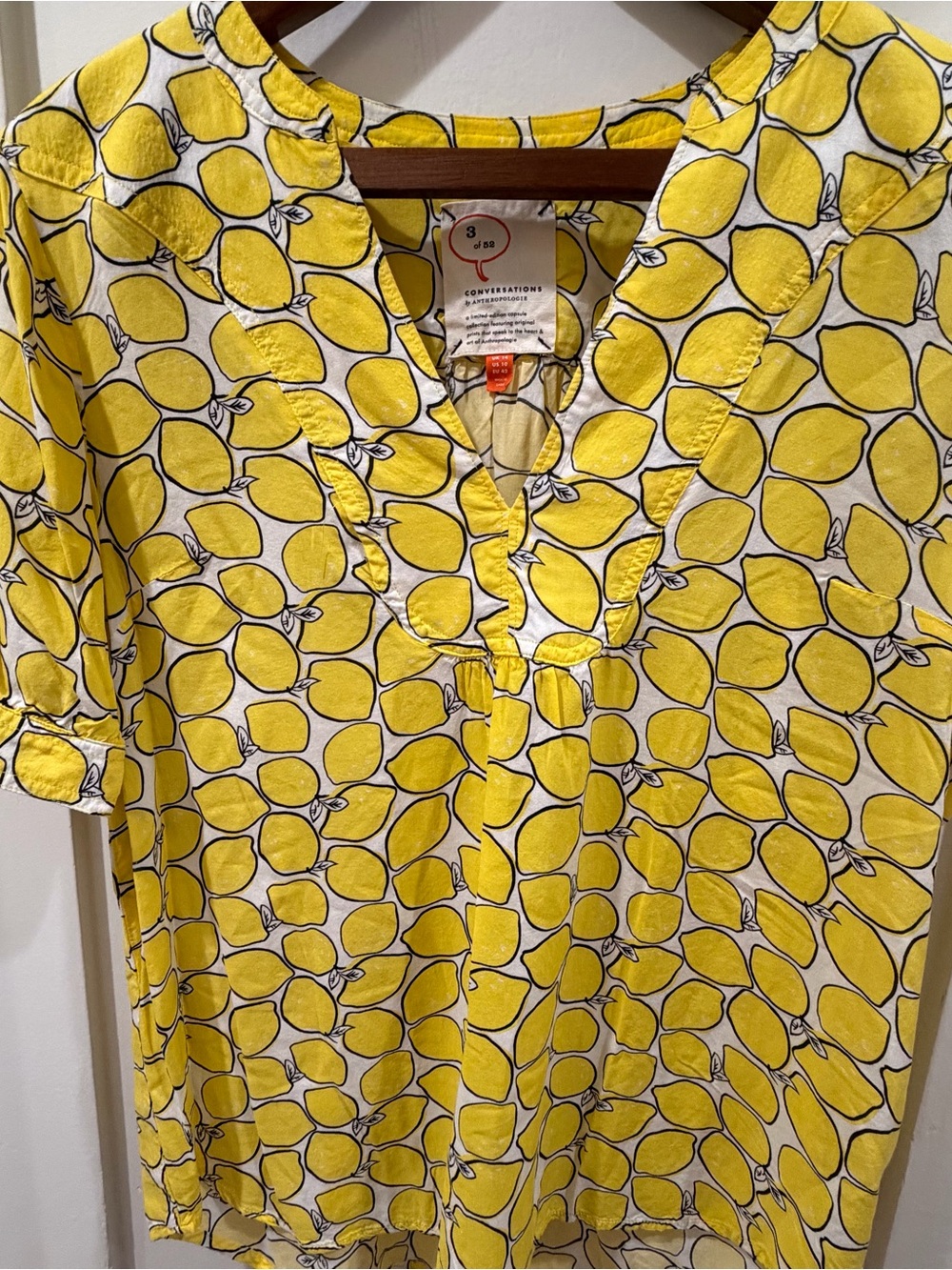 Anthropologie Yellow Lemon-Print Short-Sleeve Blouse
